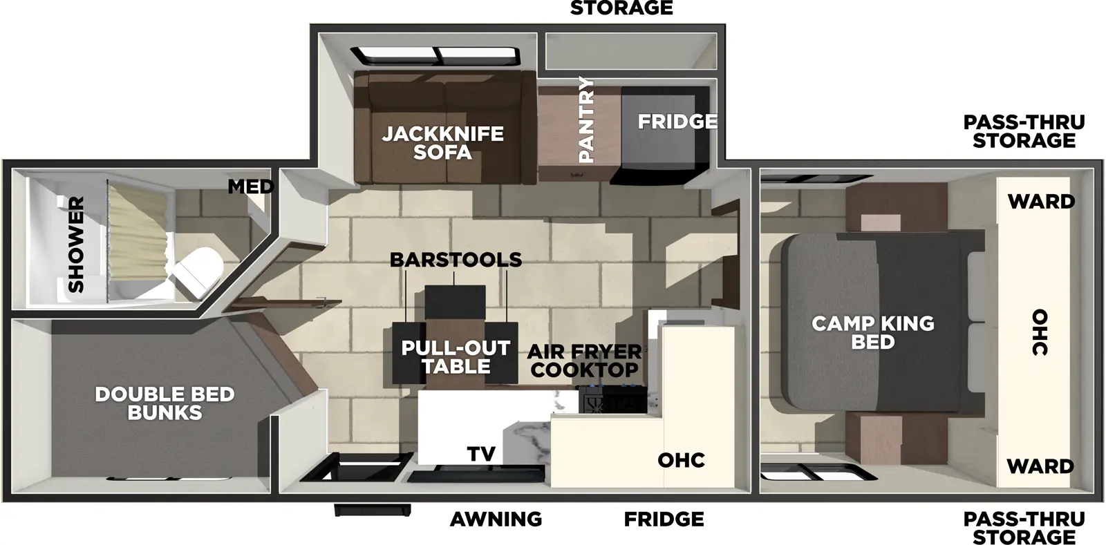 The Tracer 250BH floorplan has one entry and one slide out. Exterior features include: fiberglass exterior. Interiors features include: bunk beds and front bedroom.